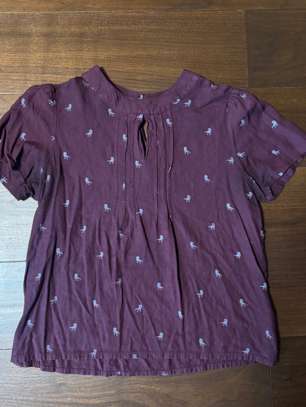 Burgundy Short Sleeve Keyhole Blouse with Dinosaur Print